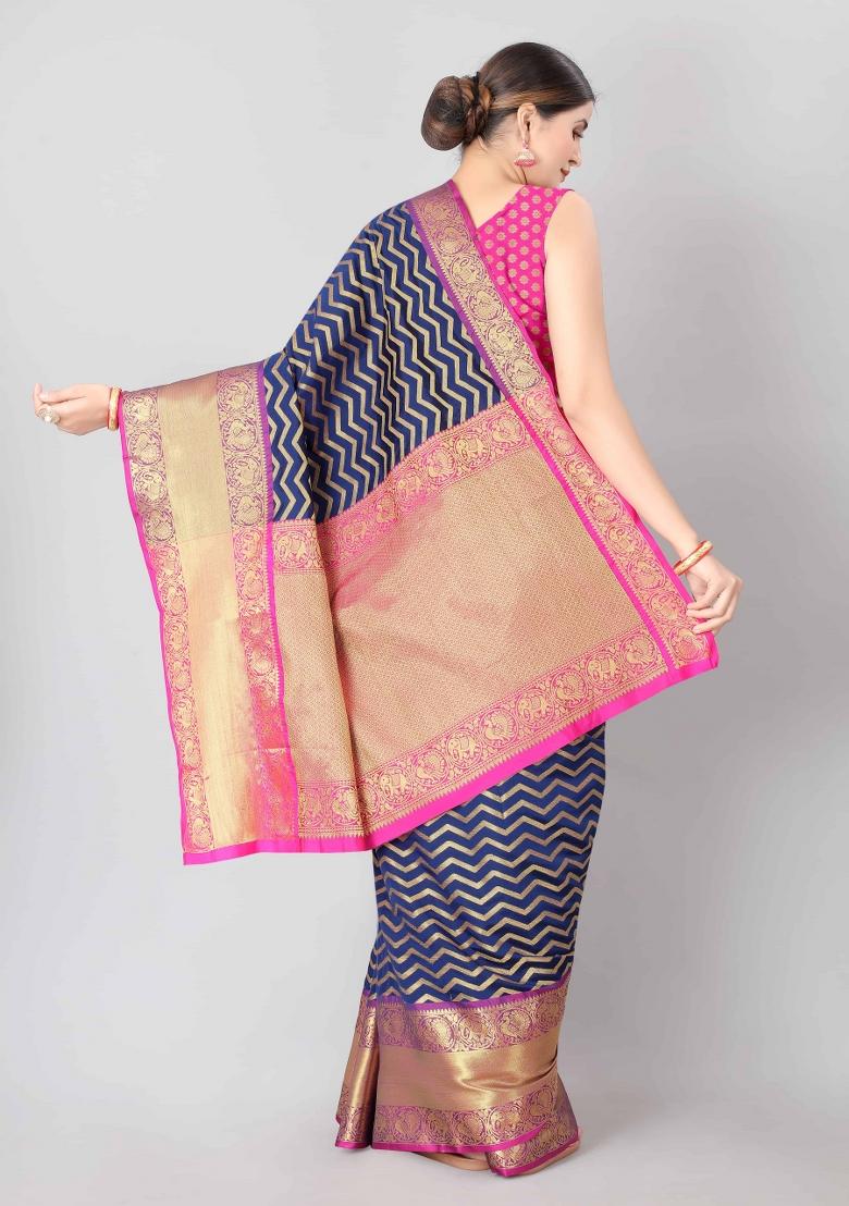 Navy Blue Woven Design Silk Blend Saree