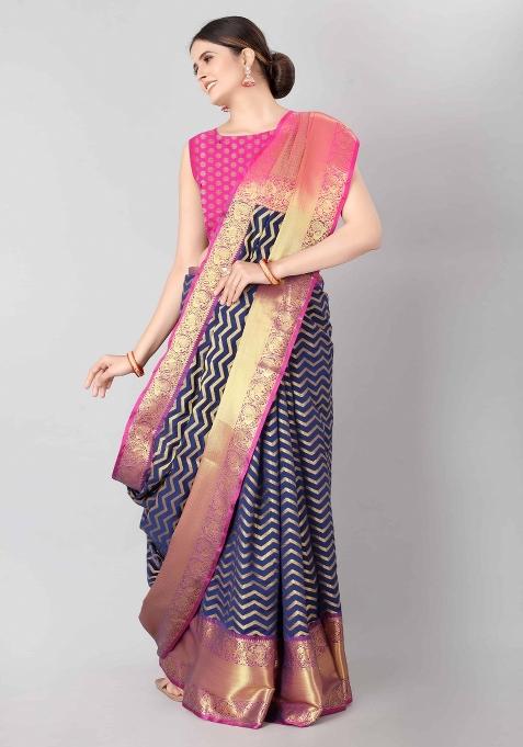 Navy Blue Woven Design Silk Blend Saree