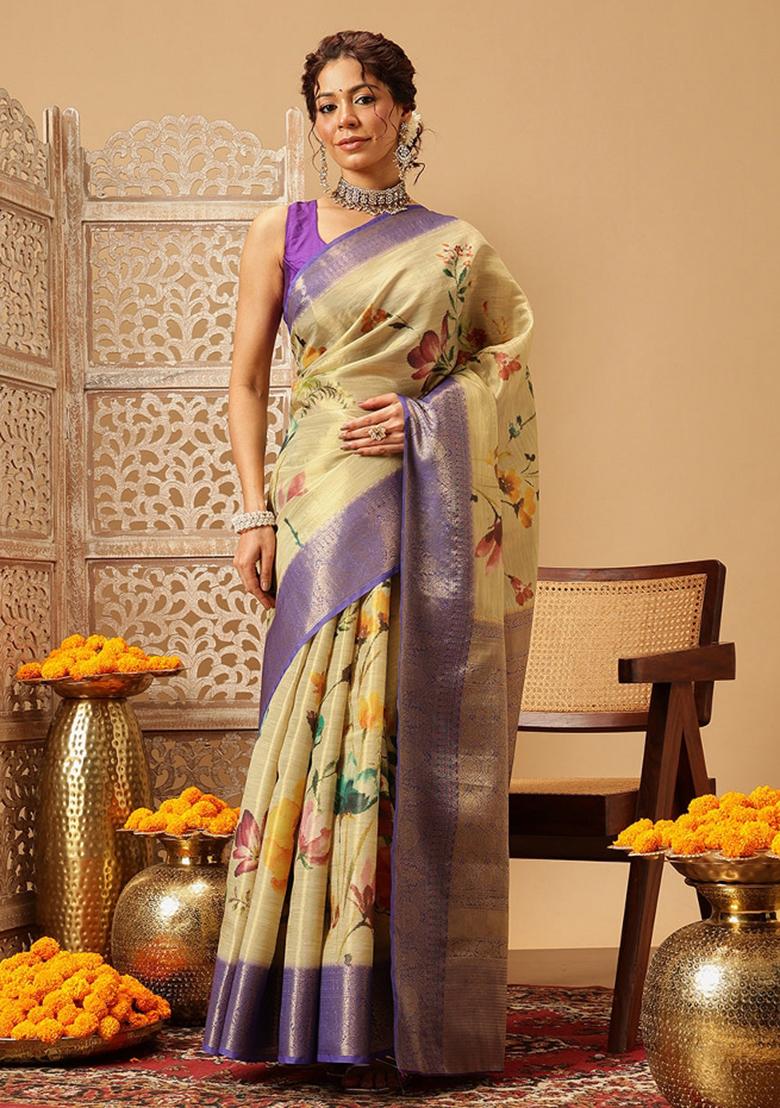 Beige Printed Tissue Silk Saree