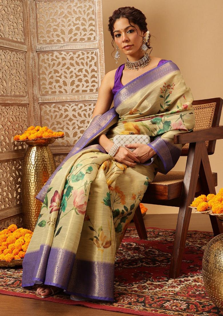 Beige Printed Tissue Silk Saree