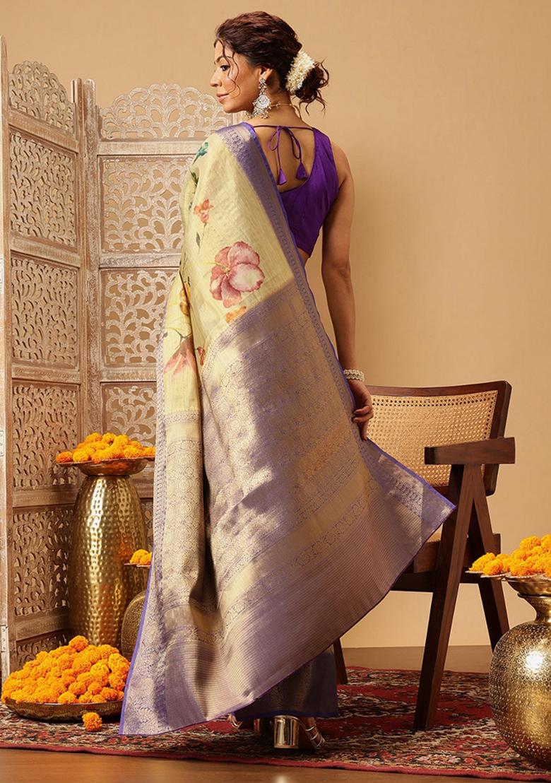 Beige Printed Tissue Silk Saree