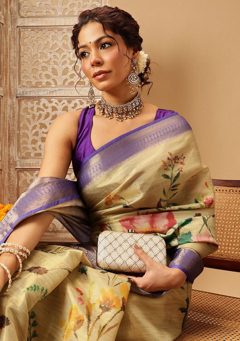 Beige Printed Tissue Silk Saree