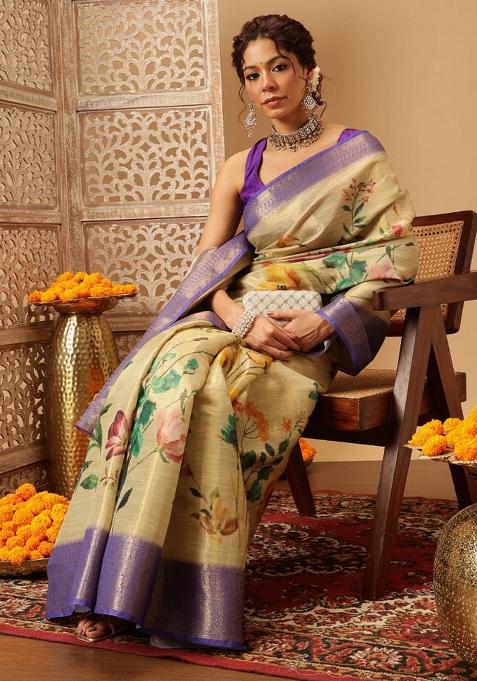 Beige Printed Tissue Silk Saree