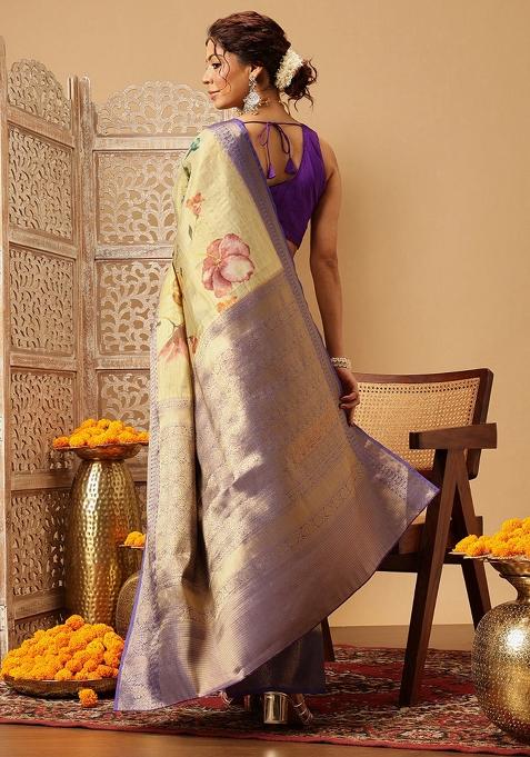 Beige Printed Tissue Silk Saree