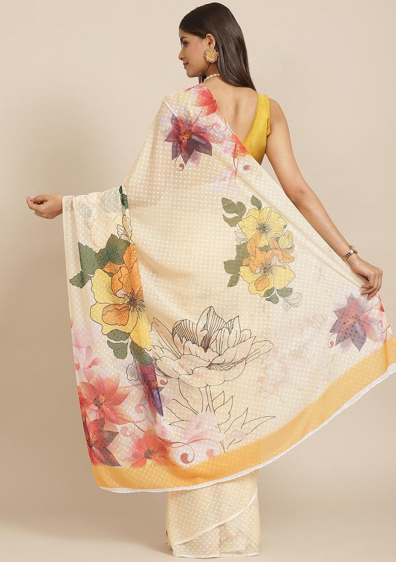 Cream Printed Chiffon Saree