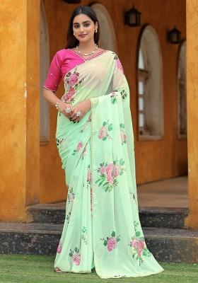 Sky Blue Embroidered Silk Saree Set