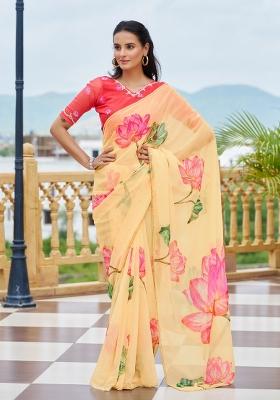 Yellow Embroidered Silk Saree Set