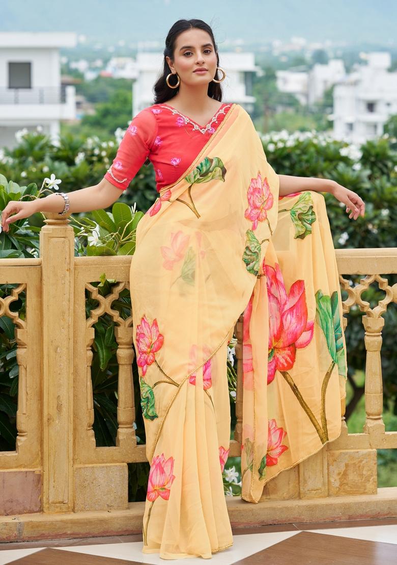 Yellow Embroidered Silk Saree Set - Indya