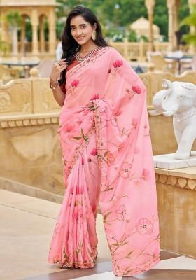 Pink Embroidered Silk Saree Set