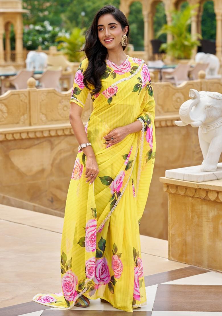 Yellow Embroidered Silk Saree Set - Indya
