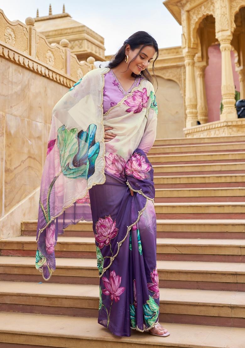 Purple Embroidered Silk Saree Set - Indya