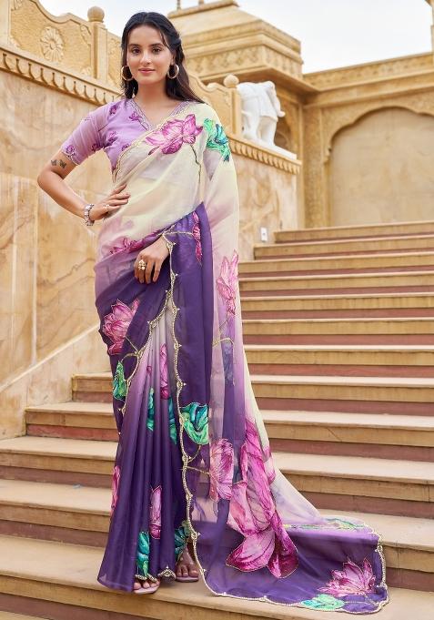 Purple Embroidered Silk Saree Set