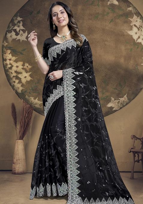 Black Embroidered Jimmy Choo Silk Saree Set