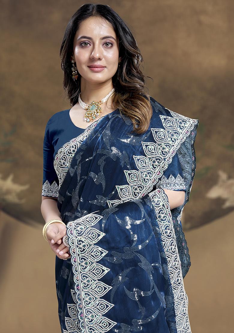 Morpeach Embroidered Jimmy Choo Silk Saree Set - Indya