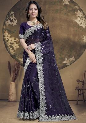 Purple Embroidered Jimmy Choo Silk Saree Set