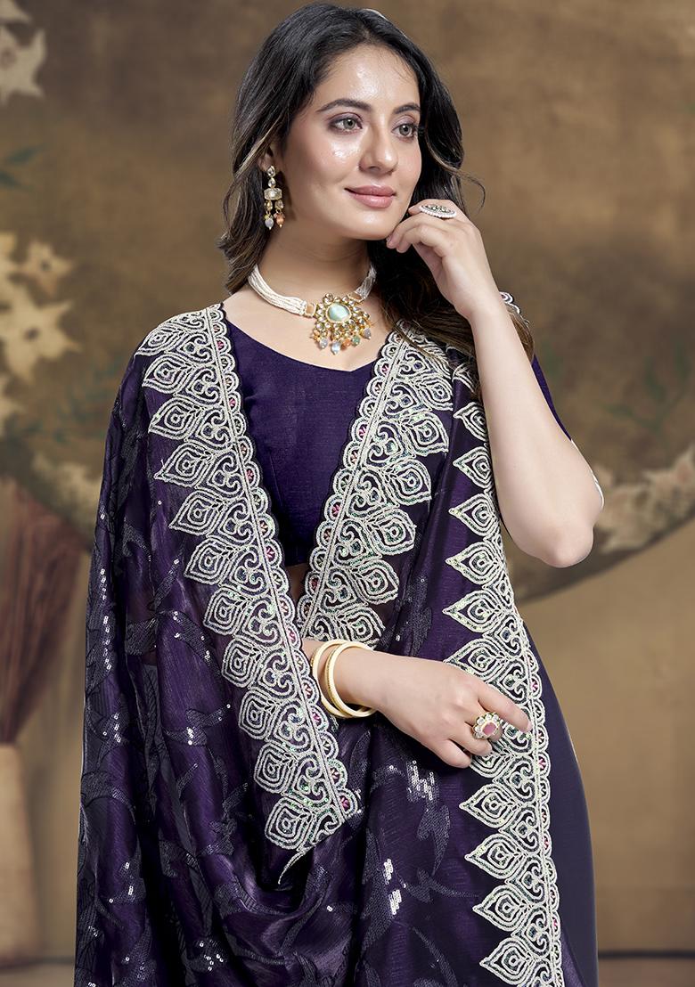Purple Embroidered Jimmy Choo Silk Saree Set - Indya