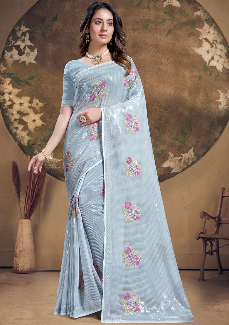 Gray Embroidered Georgette Saree Set for Diwali and Festive Wear - Indya