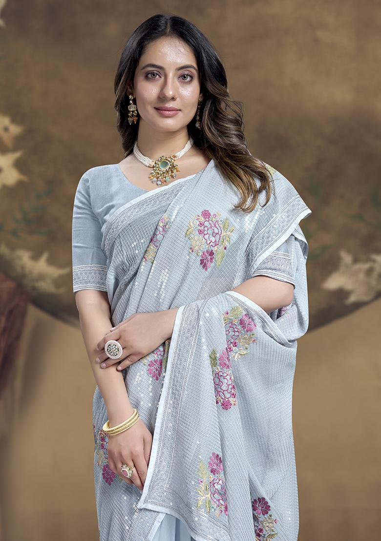 Gray Embroidered Georgette Saree Set - Indya