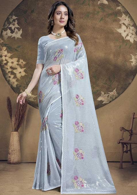 Gray Embroidered Georgette Saree Set