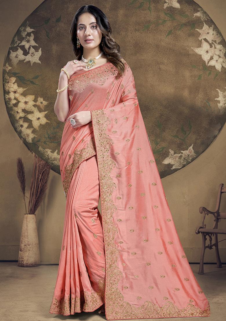 Peach Embroidered Vichitra Silk Saree Set