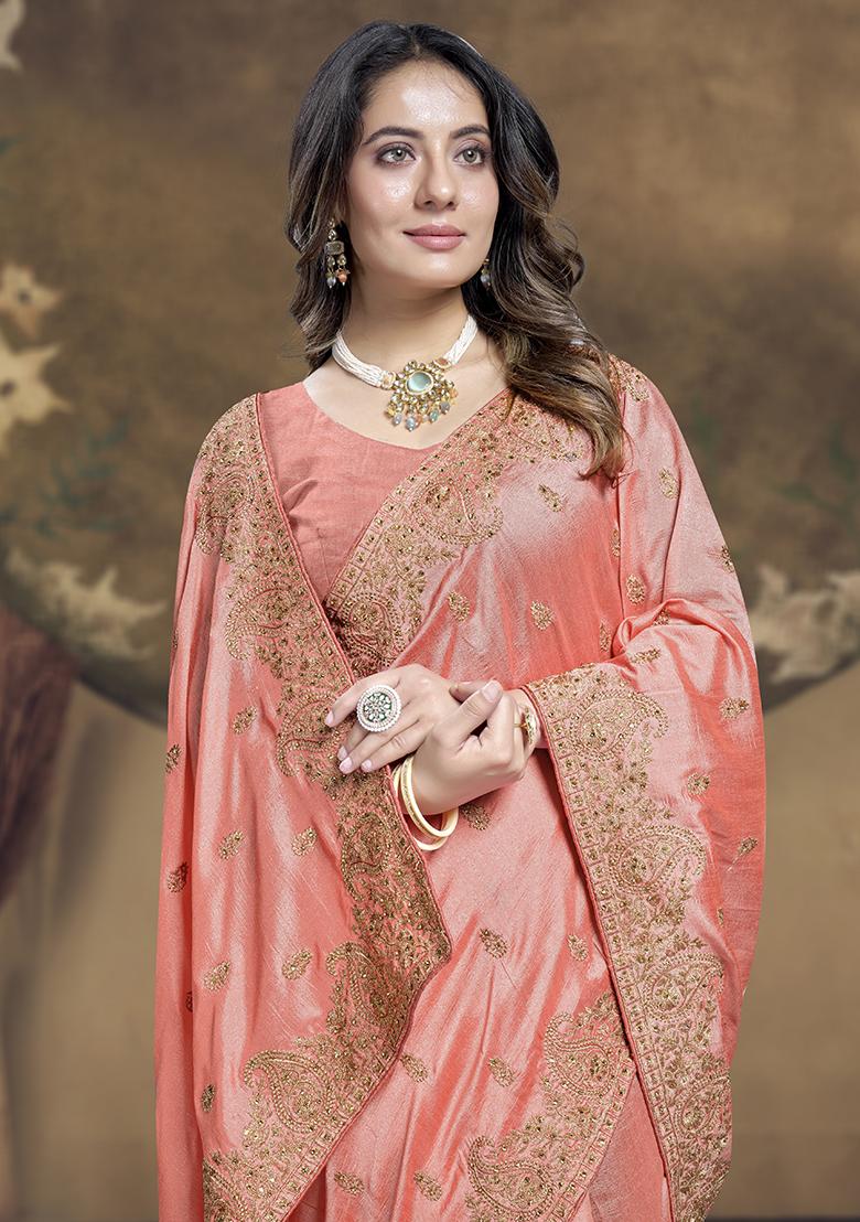 Peach Embroidered Vichitra Silk Saree Set - Indya