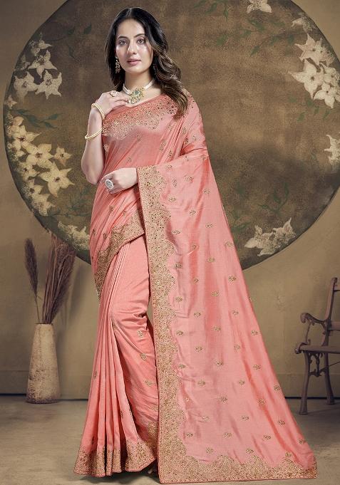 Peach Embroidered Vichitra Silk Saree Set