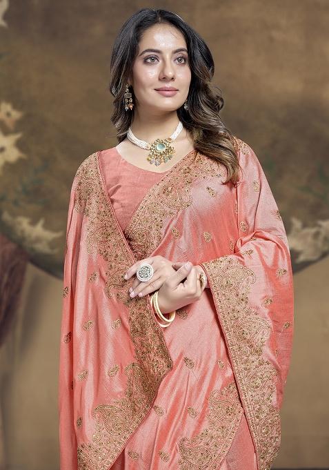 Peach Embroidered Vichitra Silk Saree Set