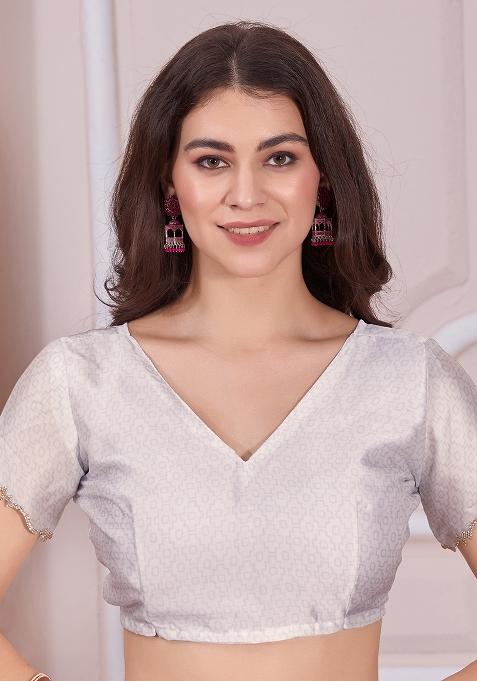 Cream Embroidered Pure Satin Digital Print Saree Set