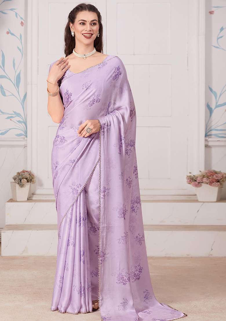 Purple Embroidered Pure Satin Digital Print Saree Set for Diwali and Festive Wear - Indya