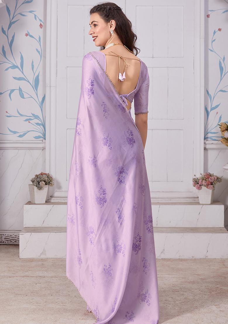 Purple Embroidered Pure Satin Digital Print Saree Set - Indya