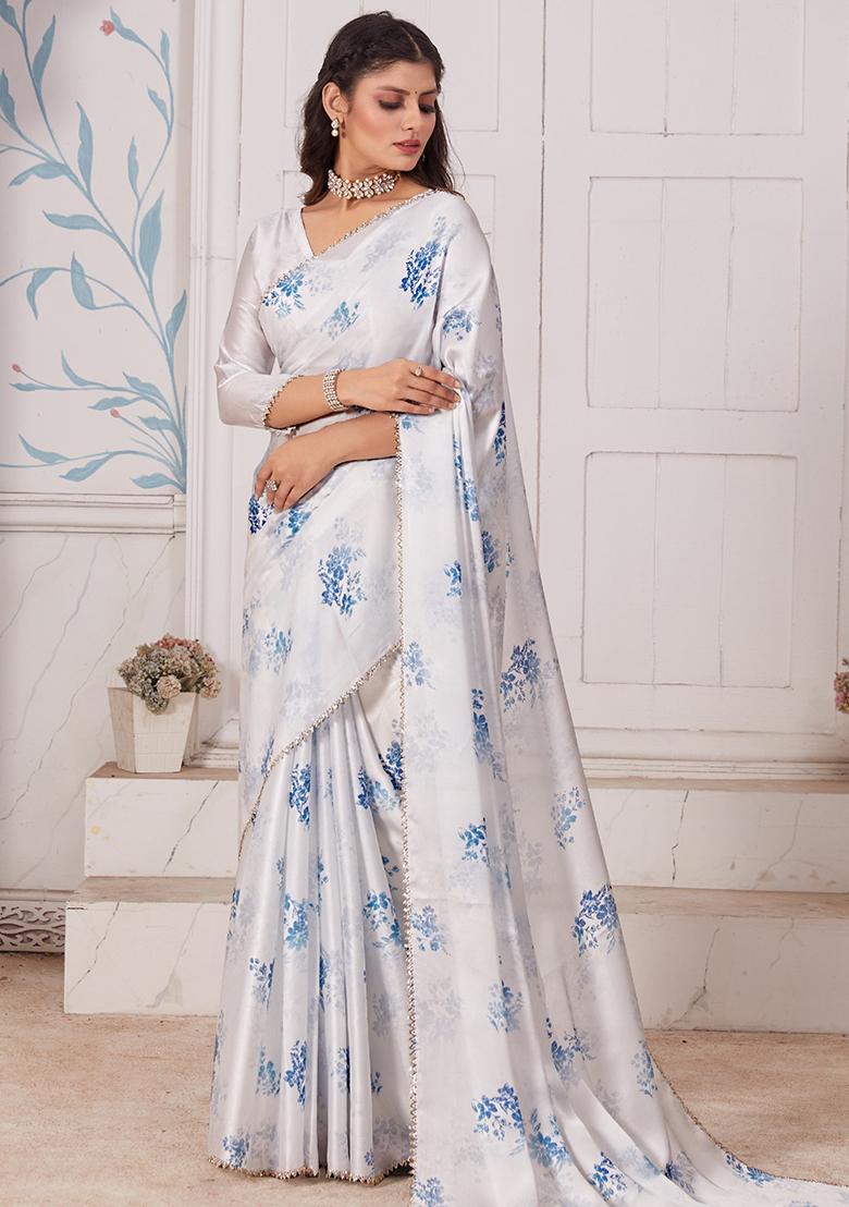 Cream Embroidered Pure Satin Digital Print Saree Set