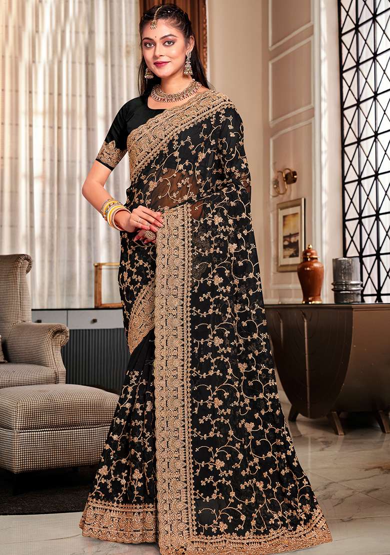 Black Embroidered Georgette Saree Set for Diwali and Festive Wear - Indya