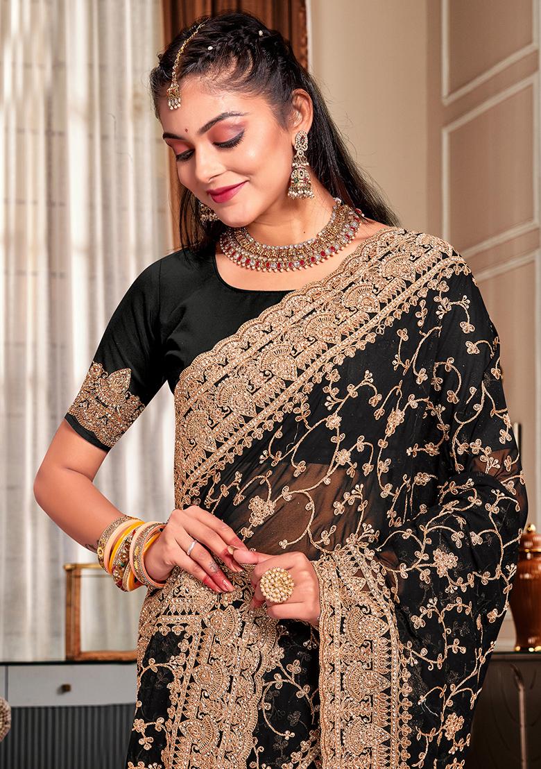 Black Embroidered Georgette Saree Set - Indya