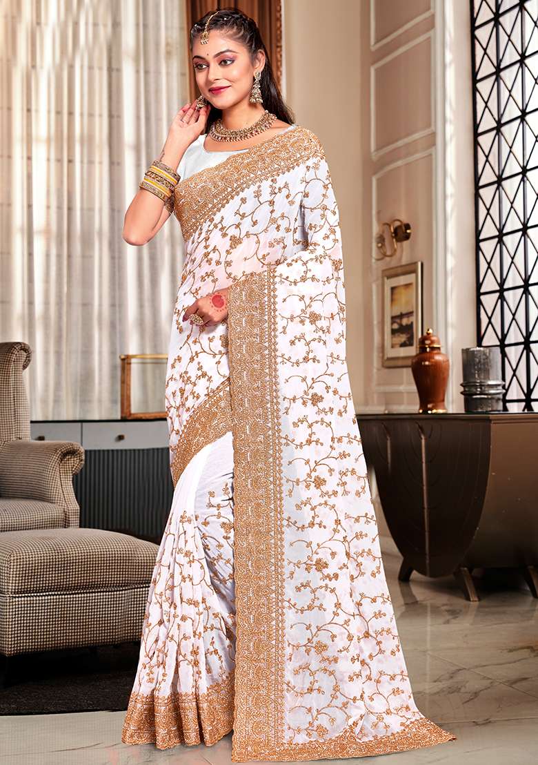 White Embroidered Georgette Saree Set for Diwali and Festive Wear - Indya