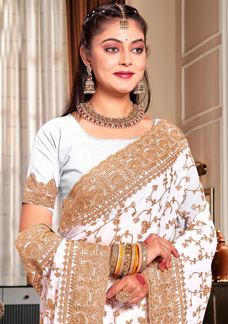 White Embroidered Georgette Saree Set - Indya