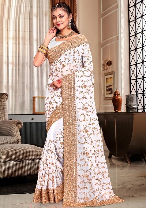 White Embroidered Georgette Saree Set