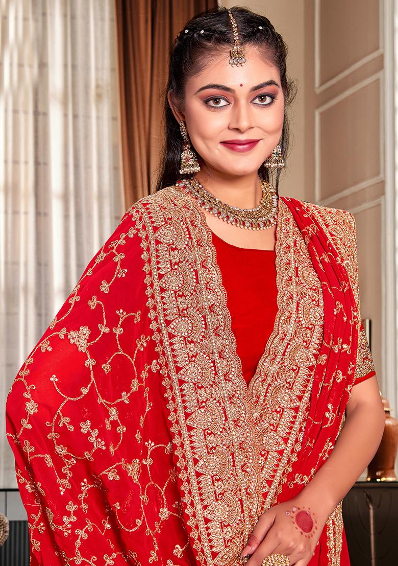 Red Embroidered Georgette Saree Set