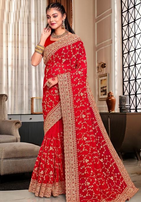 Red Embroidered Georgette Saree Set
