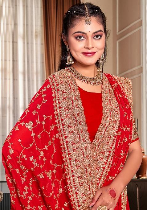Red Embroidered Georgette Saree Set