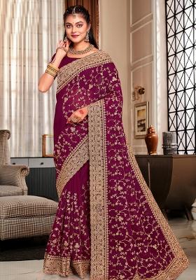 Wine Embroidered Georgette Saree Set
