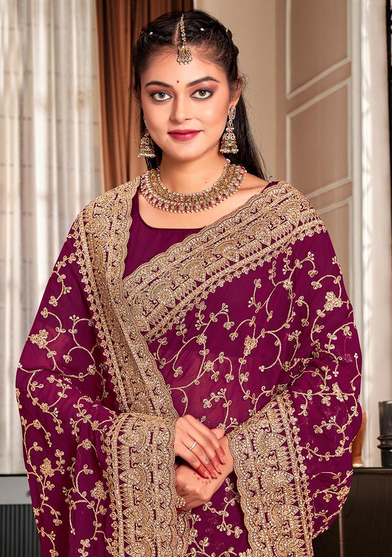Wine Embroidered Georgette Saree Set - Indya
