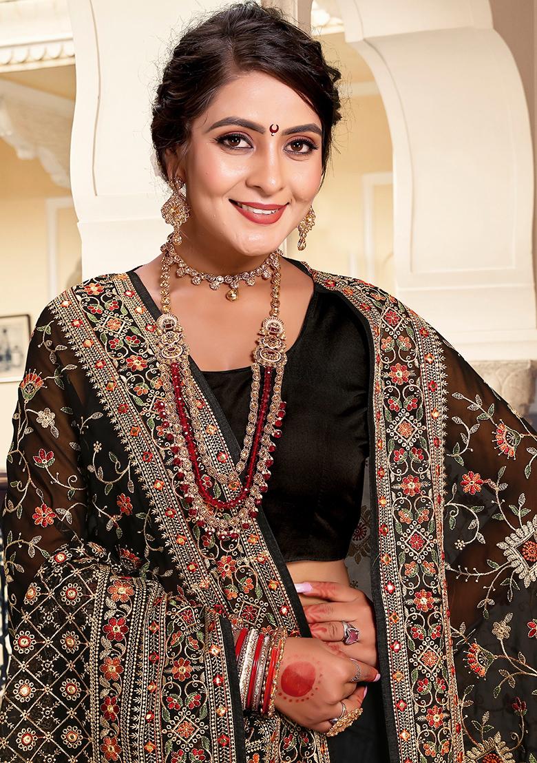 Black Embroidered Georgette Saree Set - Indya