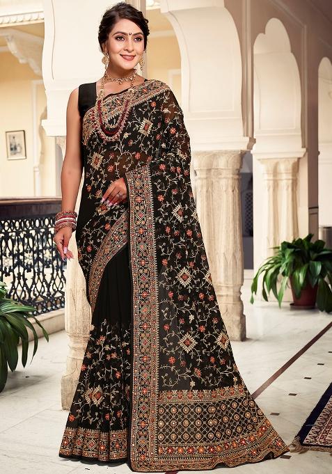 Black Embroidered Georgette Saree Set