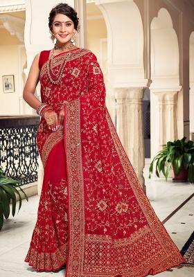 Red Embroidered Georgette Saree Set