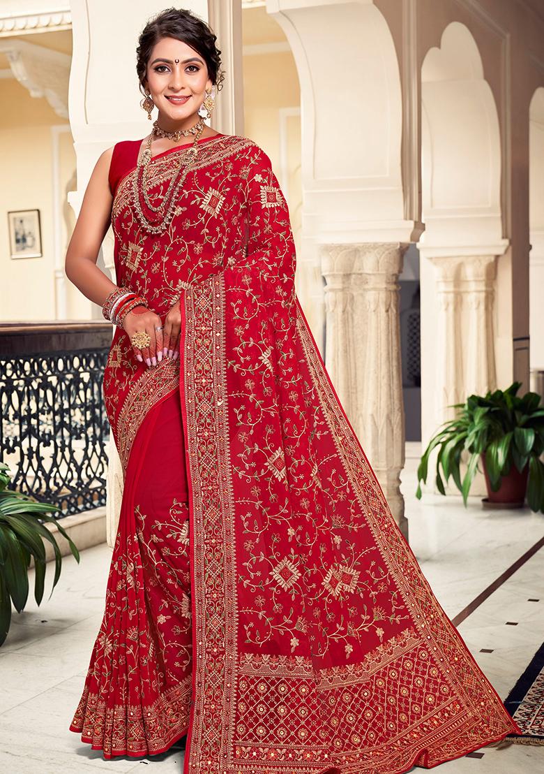 Red Embroidered Georgette Saree Set
