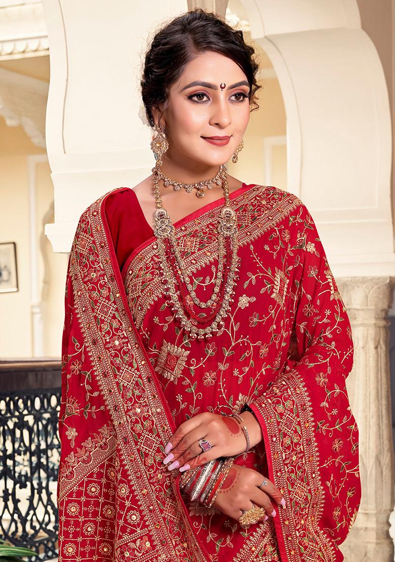 Red Embroidered Georgette Saree Set