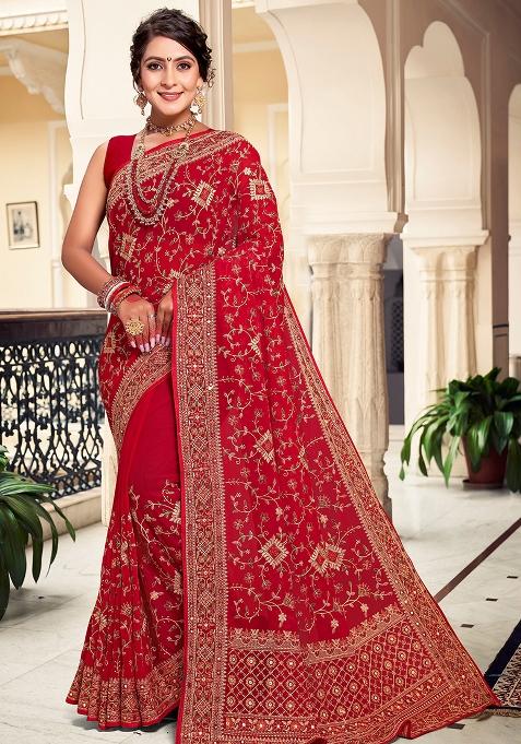 Red Embroidered Georgette Saree Set