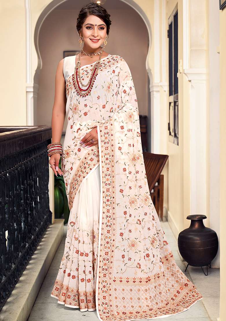 Cream Georgette Saree Set with Embroidered for Diwali | Wedding & Festive Wear - Indya
