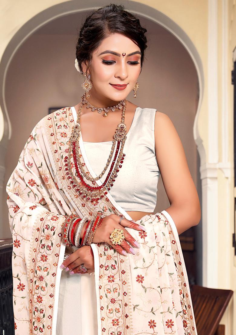 Cream Embroidered Georgette Saree Set - Indya