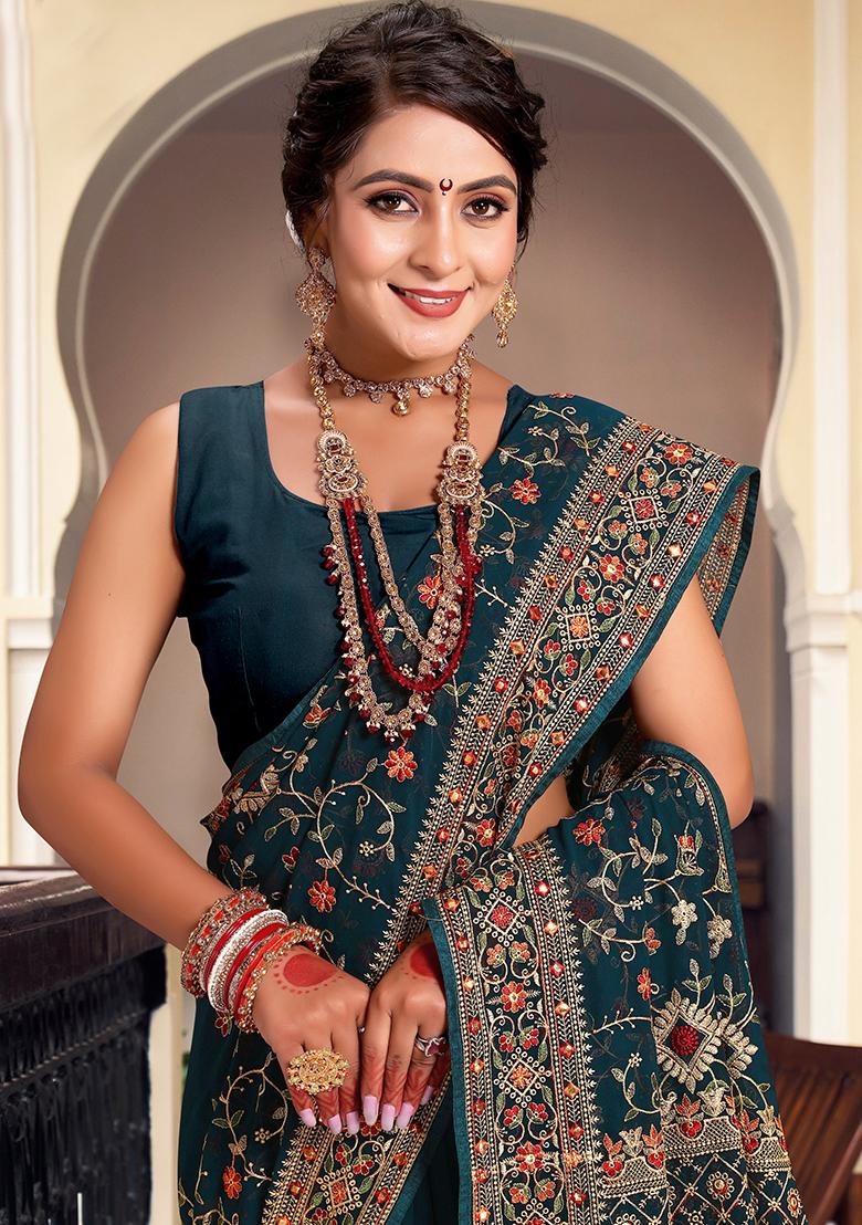 Morpeach Embroidered Georgette Saree Set - Indya